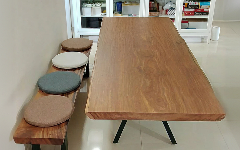 Wood Capitol live edge teak wood table and bench.